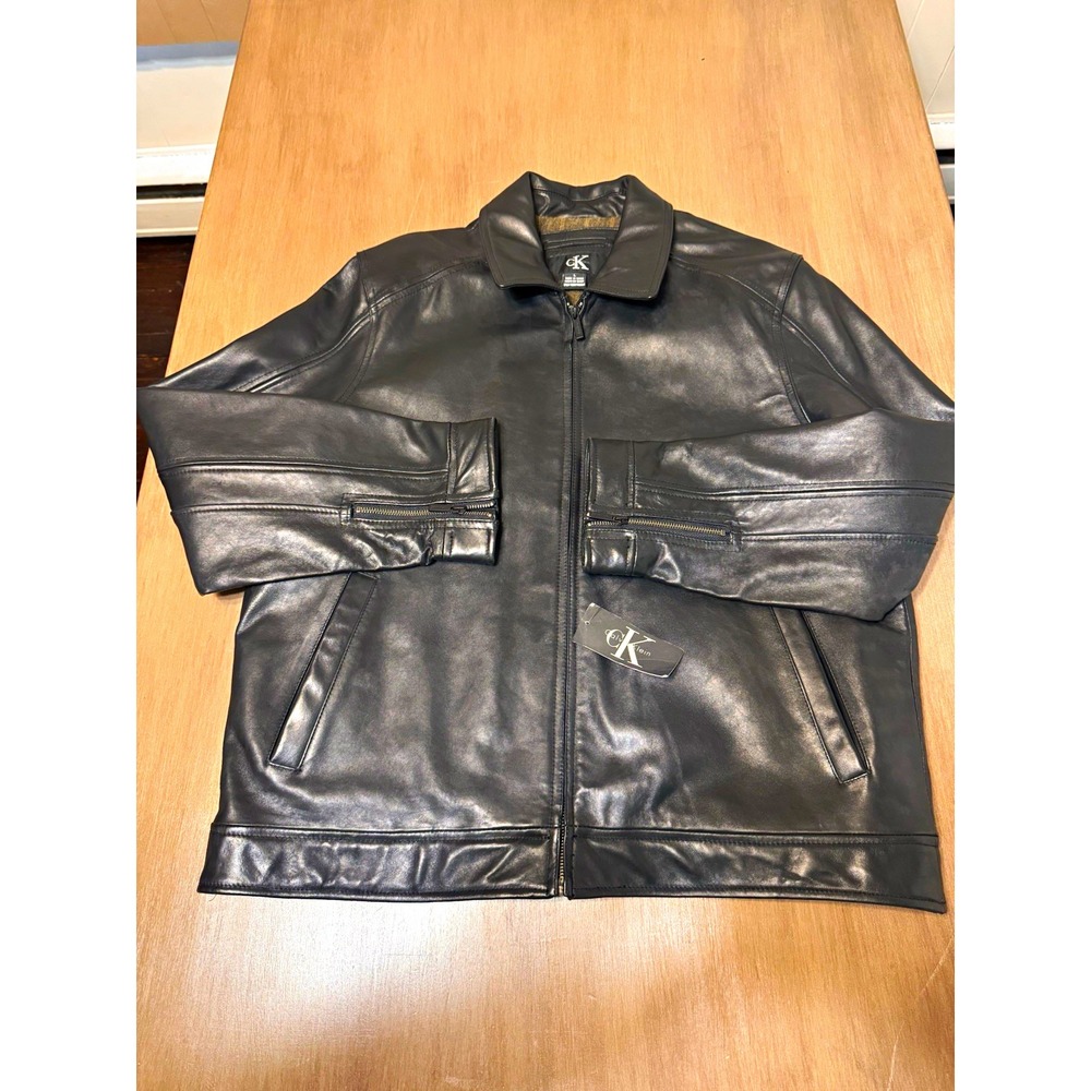 Calvin Klein Mens L Black Genuine Leather Jacket Full Zip Quilted Lining